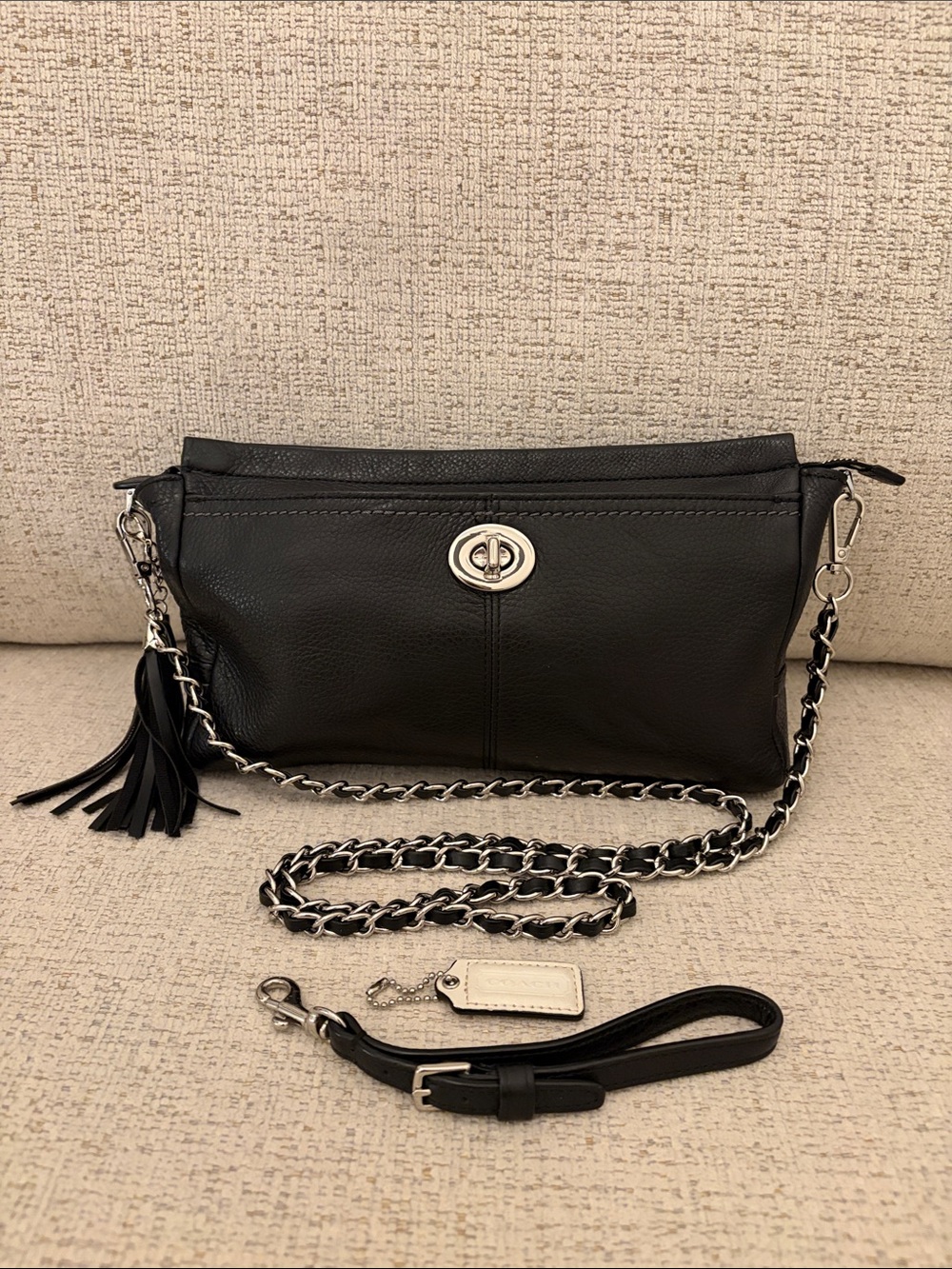 Coach Turnlock Black Leather Crossbody with accessories